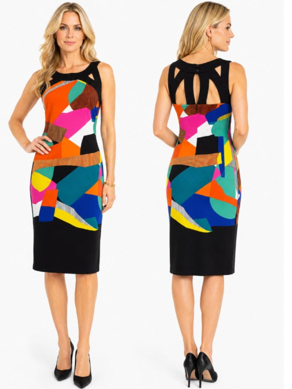 Joseph Ribkoff Abstract Print Sheath Midi Dress Cutout Back Size 8